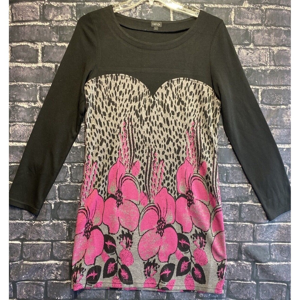 Fantazia Womens Large Black Pink‎ Floral Leopard Print Mixed Media Tunic Top L